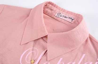 Le Palais Vintage  Gold Cotton Linen Pink Puff Sleeve Shirt + Shorts-ASA.