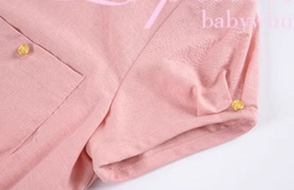 Le Palais Vintage  Gold Cotton Linen Pink Puff Sleeve Shirt + Shorts-ASA.