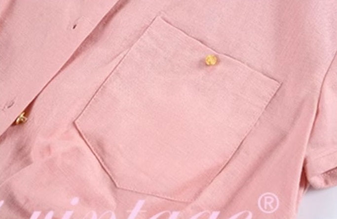 Le Palais Vintage  Gold Cotton Linen Pink Puff Sleeve Shirt + Shorts-ASA.