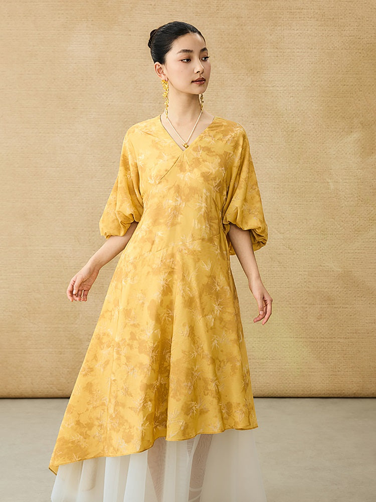 HECO Chinese V-Neck Waist Summer Elegant Floral Stitched Mesh dress - TULIP .