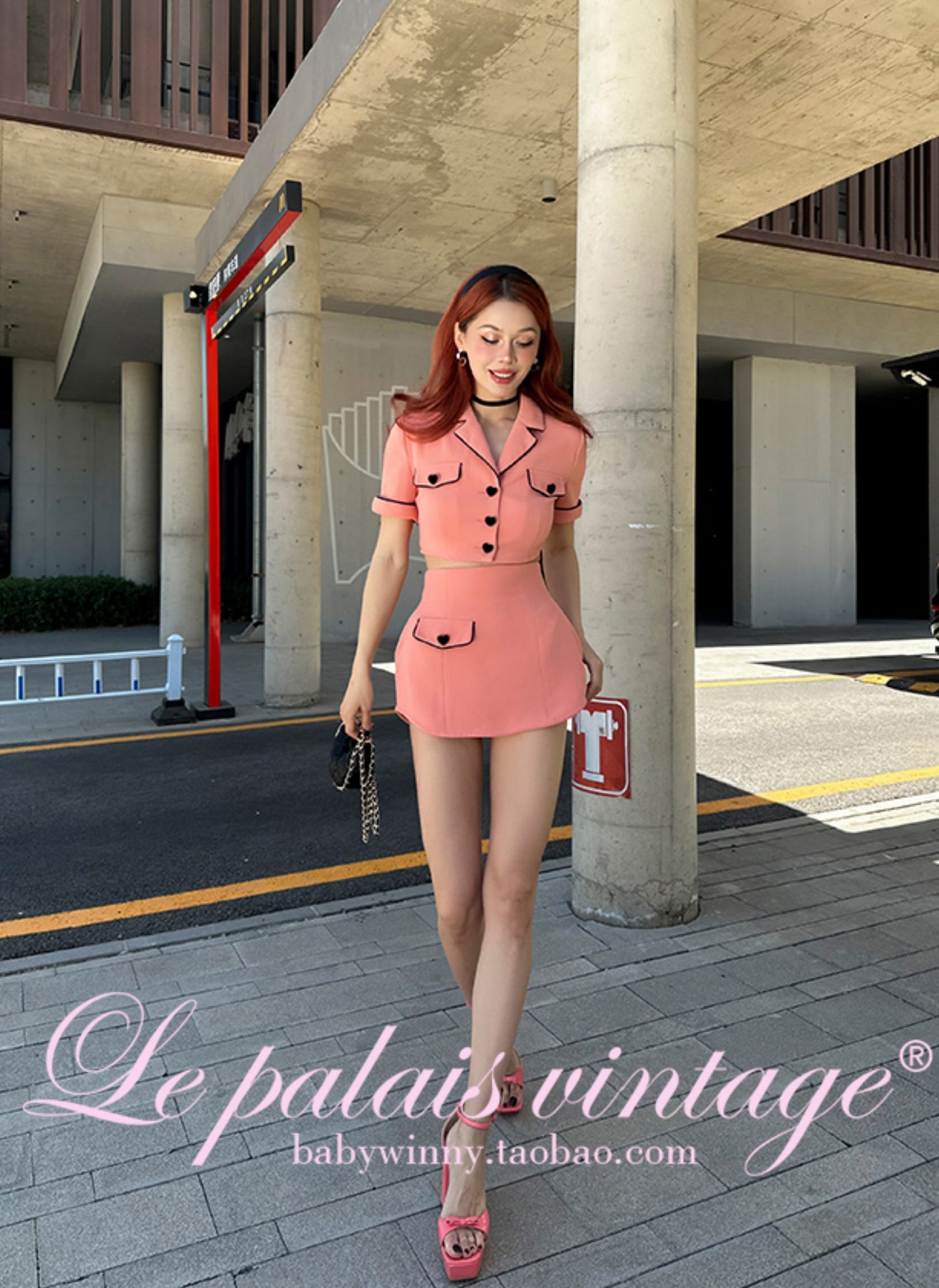 Le Palais Vintage  Peach Pink Small Fragrance Crop Top + Skirt Set-BEN