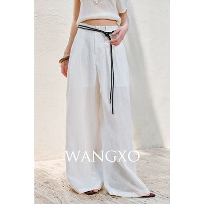 WANGXO |Linen Delicate Knit Slant Shoulder Top & Tailored Straight Pants with Airy Elegance Suit Set -RAYA