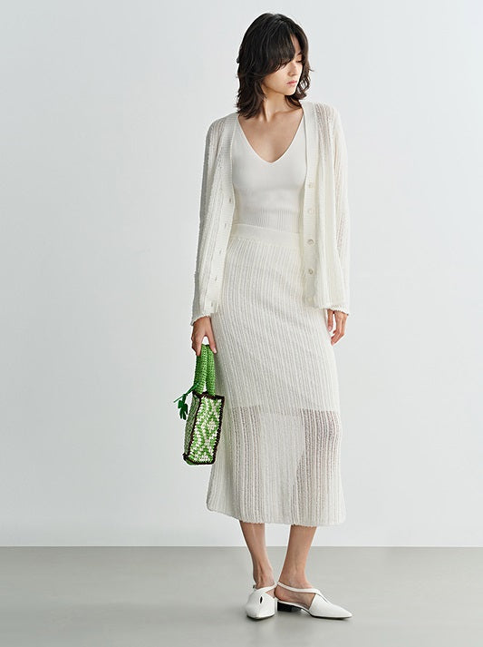 COMME MOI  Women's White Cutout Raw Edge Knitted Cardigan - MAYA.