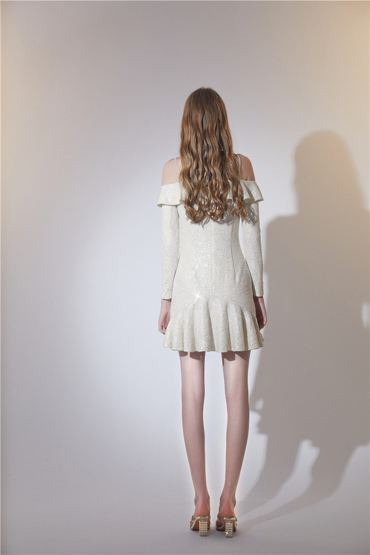 Wardrobes by Chen Elegant Beige Golden Strap Long Sleeve Ruffle Party Dress-TRUDY