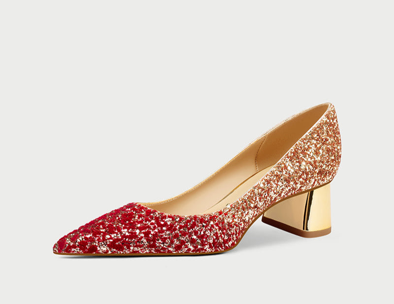 Pjjuu color block ombre sequin red gold pointy toe kitten heel pump - Serka