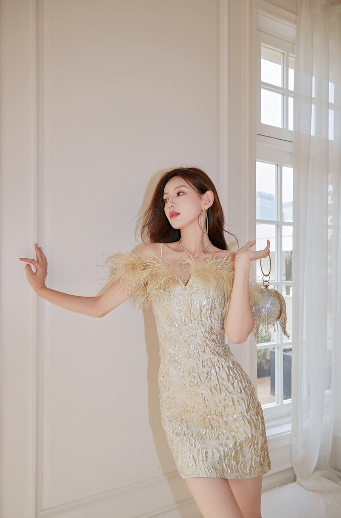 DOLLY Elegant Gold Sleeveless Off Shoulder Feather High Waist Short Party Dress-HARLOW