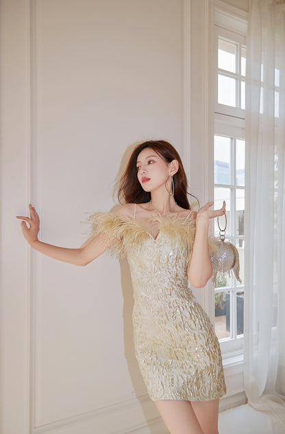 DOLLY Elegant Gold Sleeveless Off Shoulder Feather High Waist Short Party Dress-HARLOW