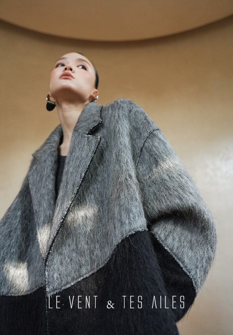 LE VENT&TES AILES French luxury fine long color-block wool coat -ALEC.