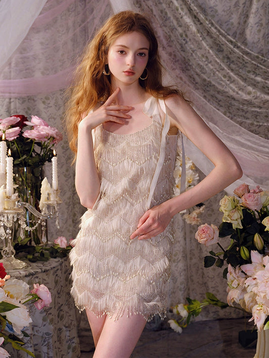 Wardrobes by Chen Elegant Beige Sleeveless Feather Tassel Short Dress-Wemba