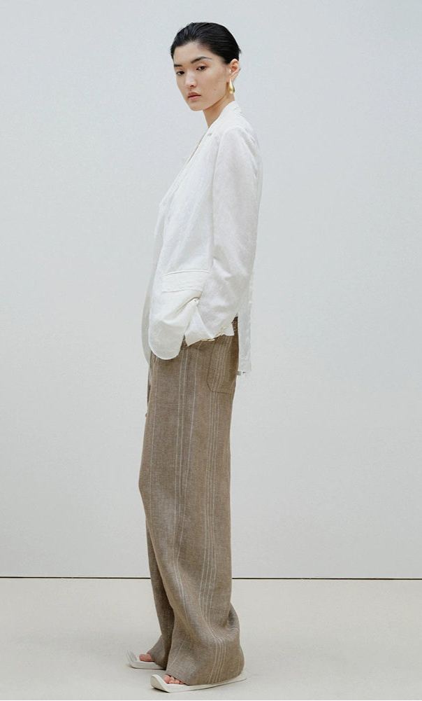 ZHUCHONGYUN loose-fitting striped beaded belted linen trousers-WILLOW.