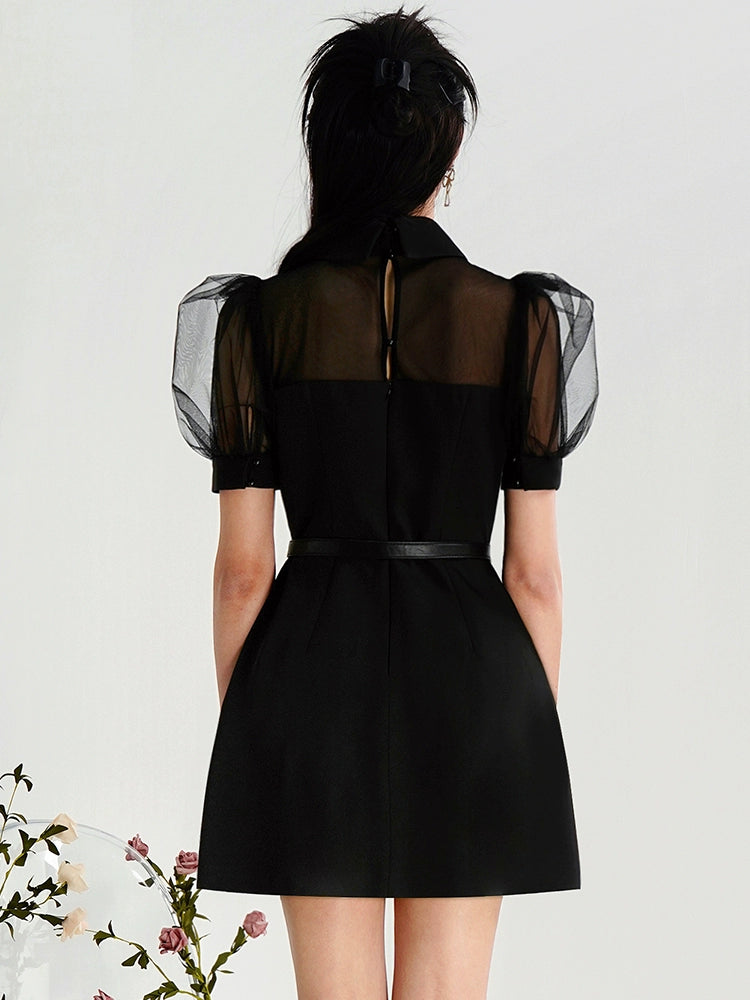 CHECOCRE Cute Nail Diamond Mesh Puff Sleeves Little Black Dress - INOVATIVE