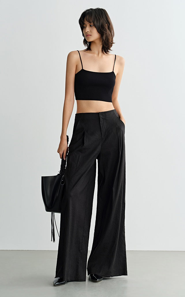 COMME MOI  Summer Waist Pressed Pleated Wide-leg Black Pants - SINS.