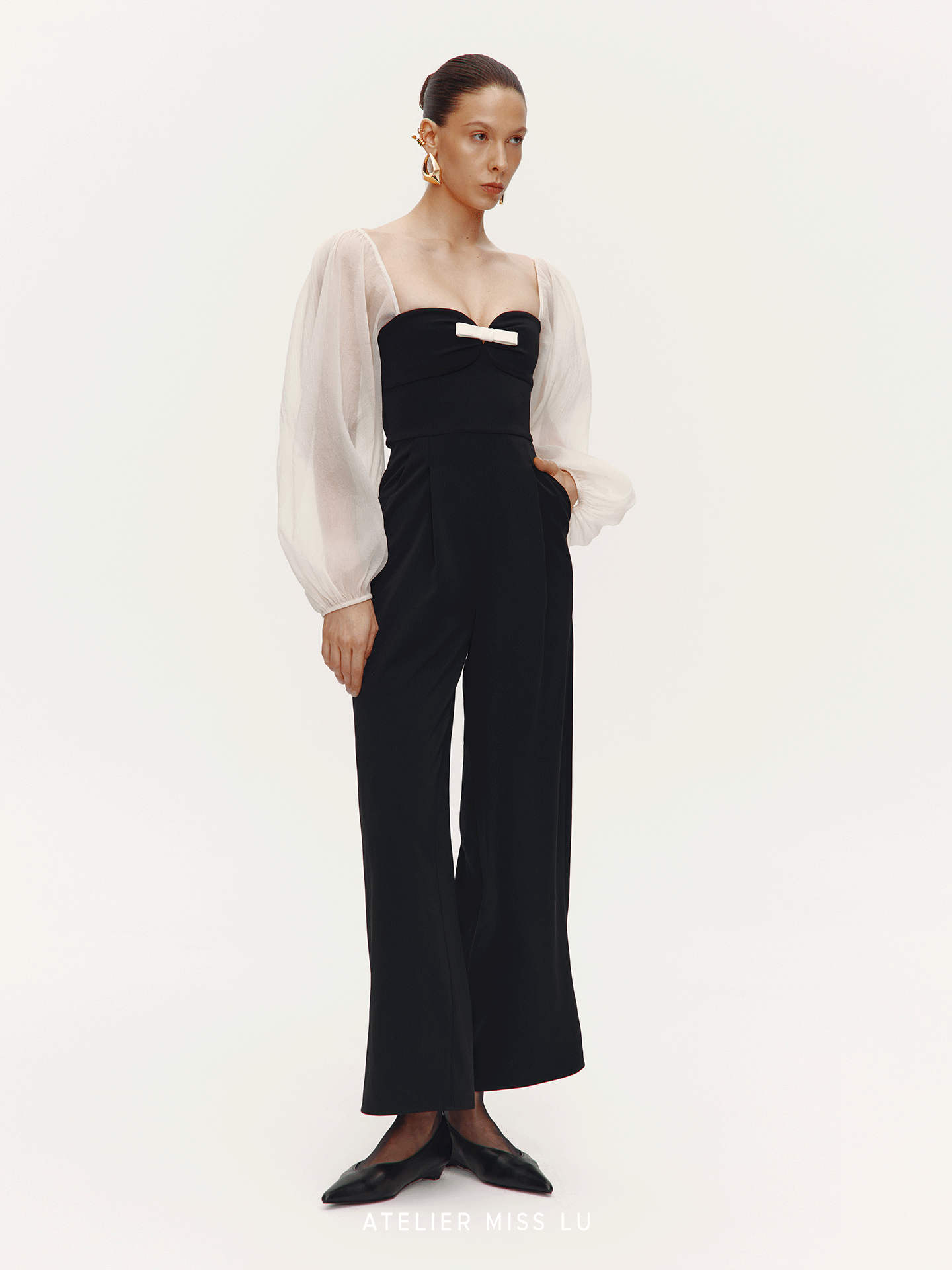 ATELIER MISS  silhouette textured gauze sleeve jumpsuit - GUAGE
