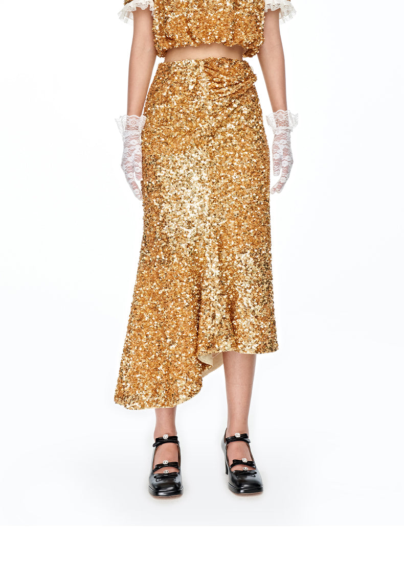 FAME gorgeous sequins beaded hand-stitched buttoned fishtail hoilday party skirt - Mei