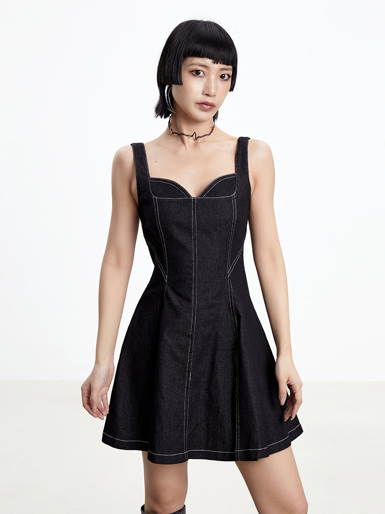 TINY IN topstitched denim women's summer short black dress -DAZE