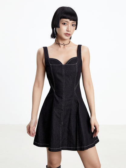 TINY IN topstitched denim women's summer short black dress -DAZE