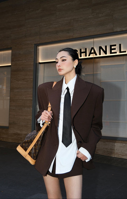 MEI SANGUAN Coffee Single-Breasted Blazer & Culottes Three-Piece Set - ADA