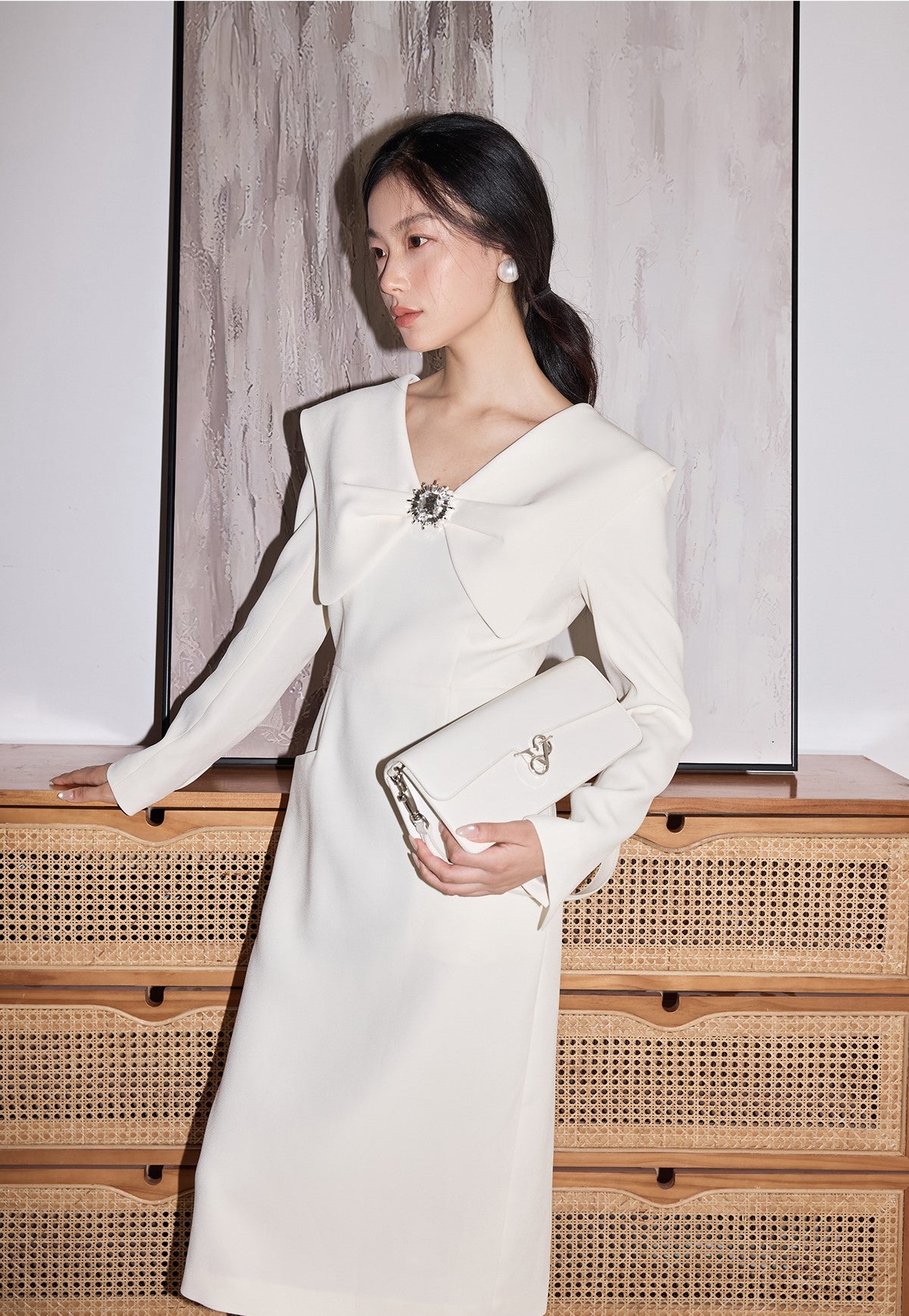 YES BY YESIR deconstructed bow neck slim midi dress - PAUL.