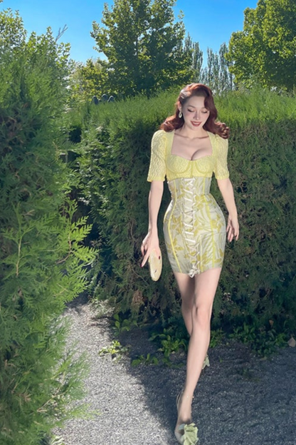 Le Palais Vintage Elegant Lemon Yellow Bodice Puff Sleeve Dinner Top-Maya.