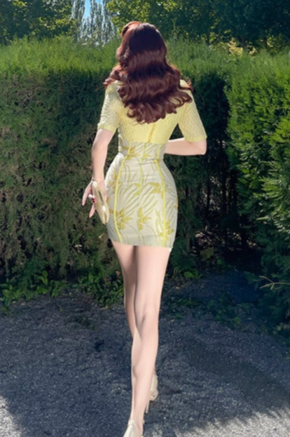 Le Palais Vintage Elegant Lemon Yellow Bodice Puff Sleeve Dinner Top-Maya.