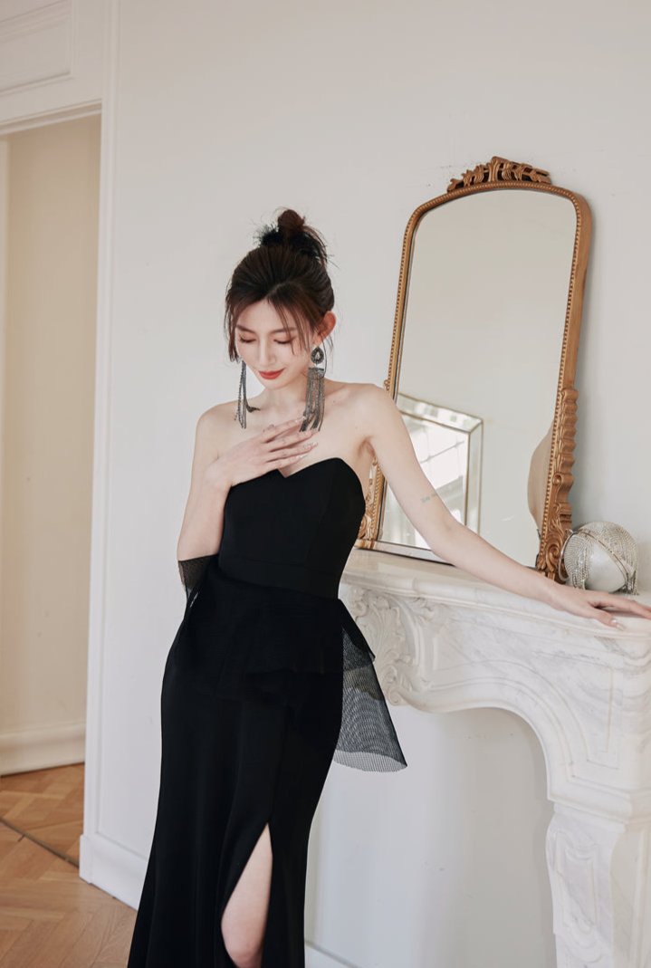 DOLLY Luxury Black Retro Chest Wrap Sleeveless Off Shoulder Long Dinner Dress-ALVINA