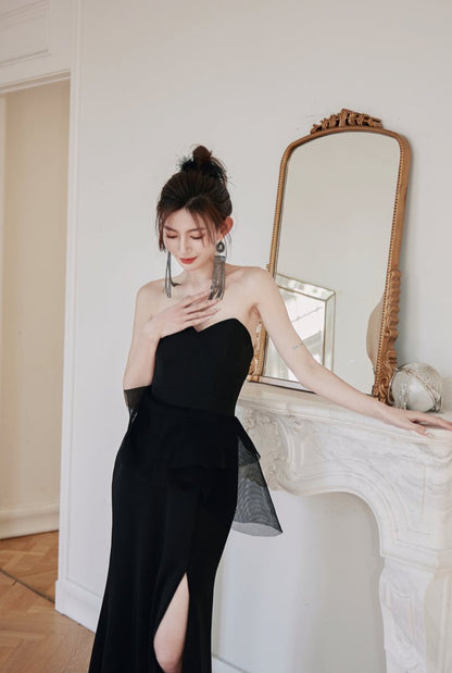 DOLLY Luxury Black Retro Chest Wrap Sleeveless Off Shoulder Long Dinner Dress-ALVINA