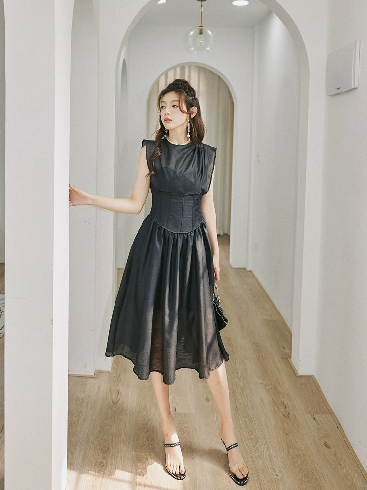 DOLLY High End Black Retro Flying Sleeve Pleated High Waist Midi Office Dress-BRANCA