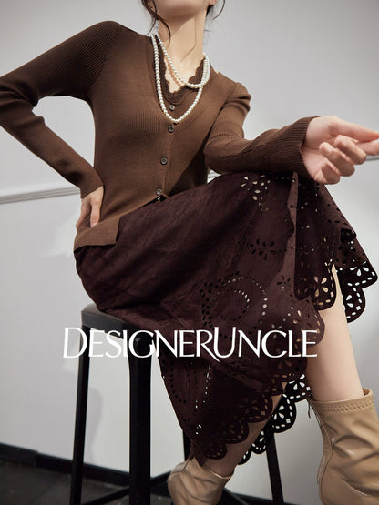 DGU|Floral Coffee Color New Hollow Design Versatile Slimming and Skirt - BLED.