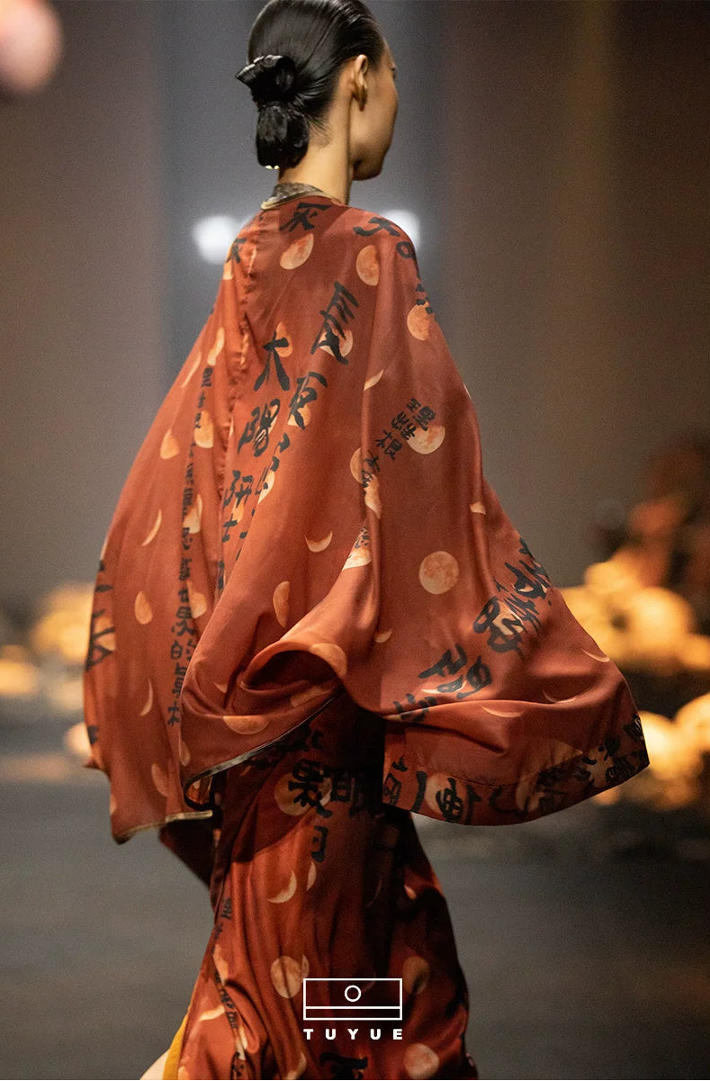 TUYUE Chinese Art Print Satin Acetate Silhouette Shawl Jacket- AMBER