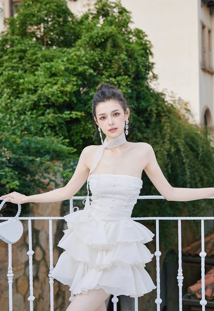 DOLLY Elegant Cream Colored Tube Top Fluffy Ruffle Birthday Dress-ANDORA (V)