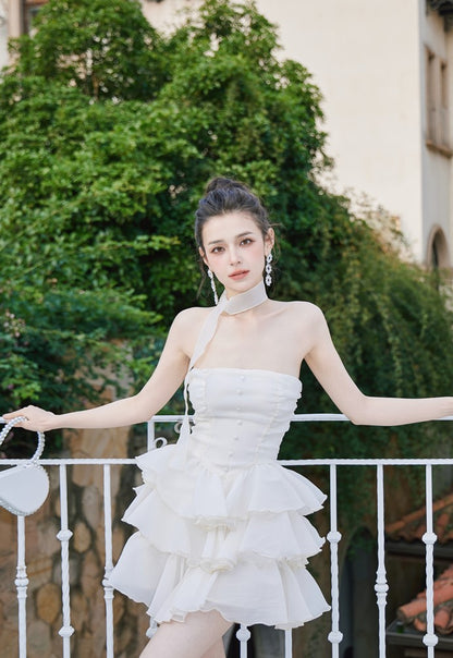 DOLLY Elegant Cream Colored Tube Top Fluffy Ruffle Birthday Dress-ANDORA (V)