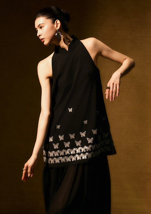 HECO Chinese butterfly sequin fake two-piece dress - CROWN.