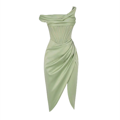 DOLLY Elegant French Style Herringbone One Shoulder Irregular Hem Dinner Dress-SALOMI