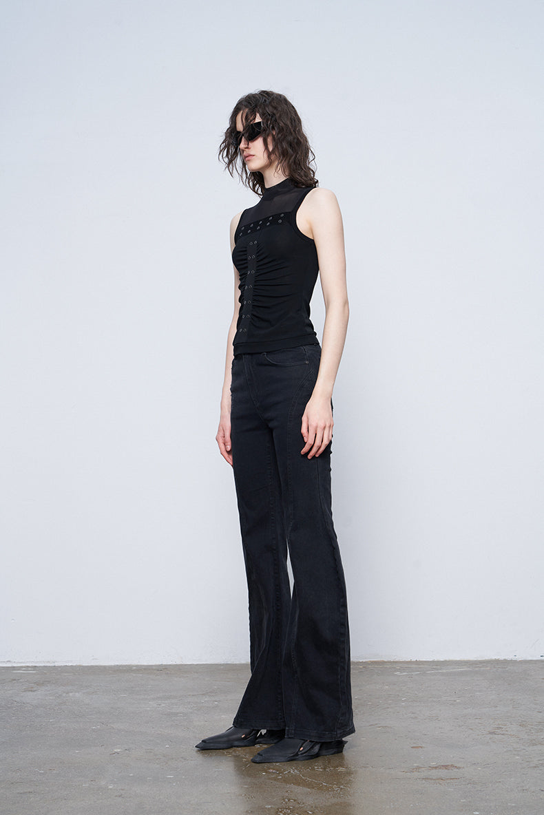 ANNAKIKI Black Wavy Silhouette Slim Denim Wide-Leg Pants-MAPLE