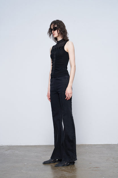 ANNAKIKI Black Wavy Silhouette Slim Denim Wide-Leg Pants-MAPLE