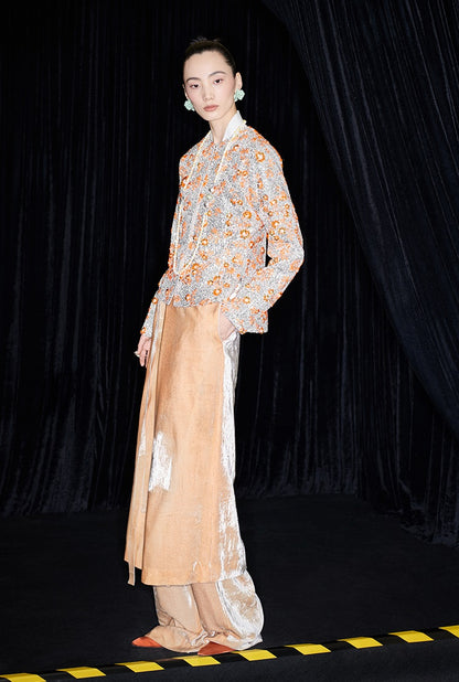 M essential Mackay designer vermilion persimmon embroidered waist silhouette short coat - PISSY.