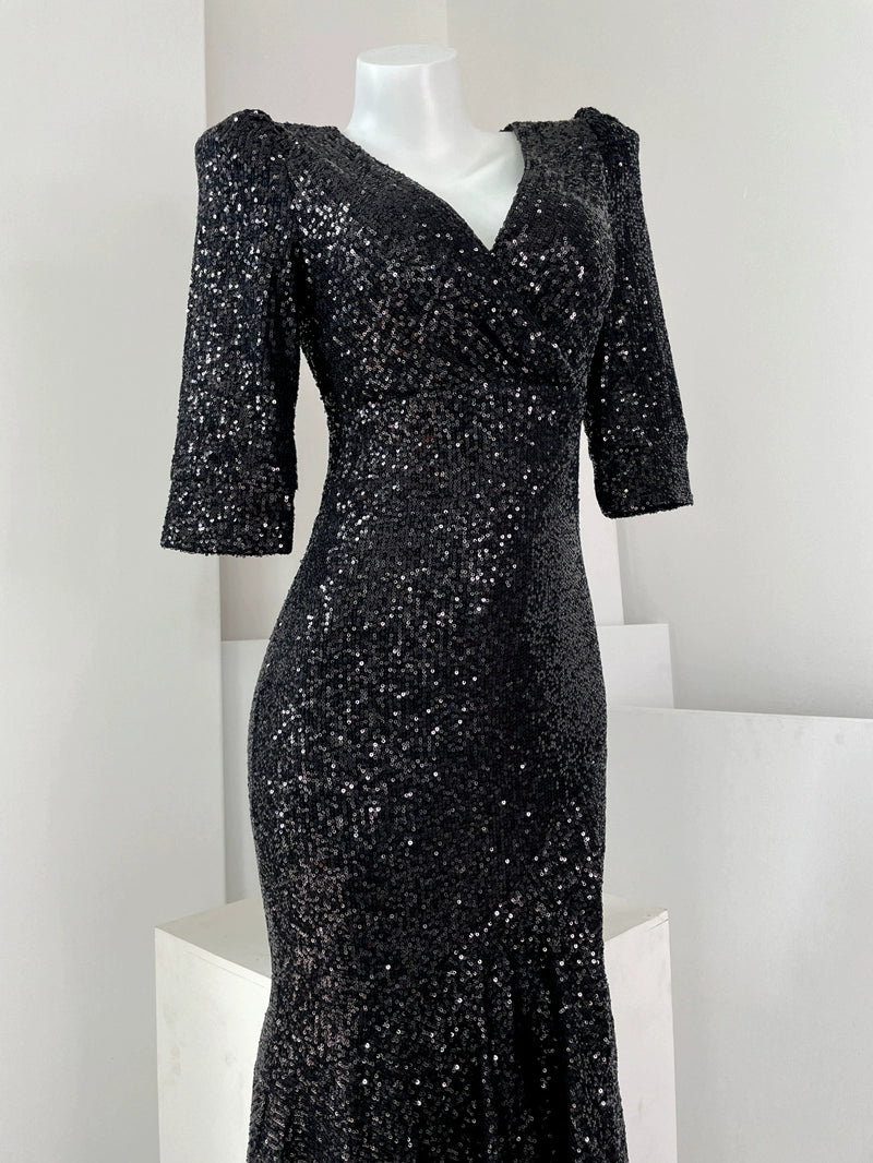 DOLLY Elegant Deep V-Neck Long Sleeve Sequin Fish Tail Long Banquet Dress-MAIA