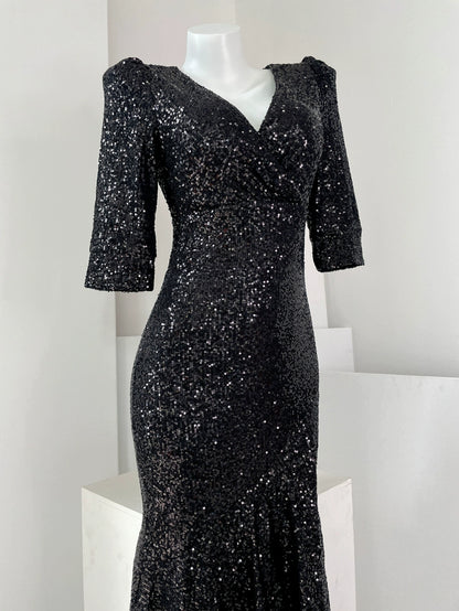 DOLLY Elegant Deep V-Neck Long Sleeve Sequin Fish Tail Long Banquet Dress-MAIA