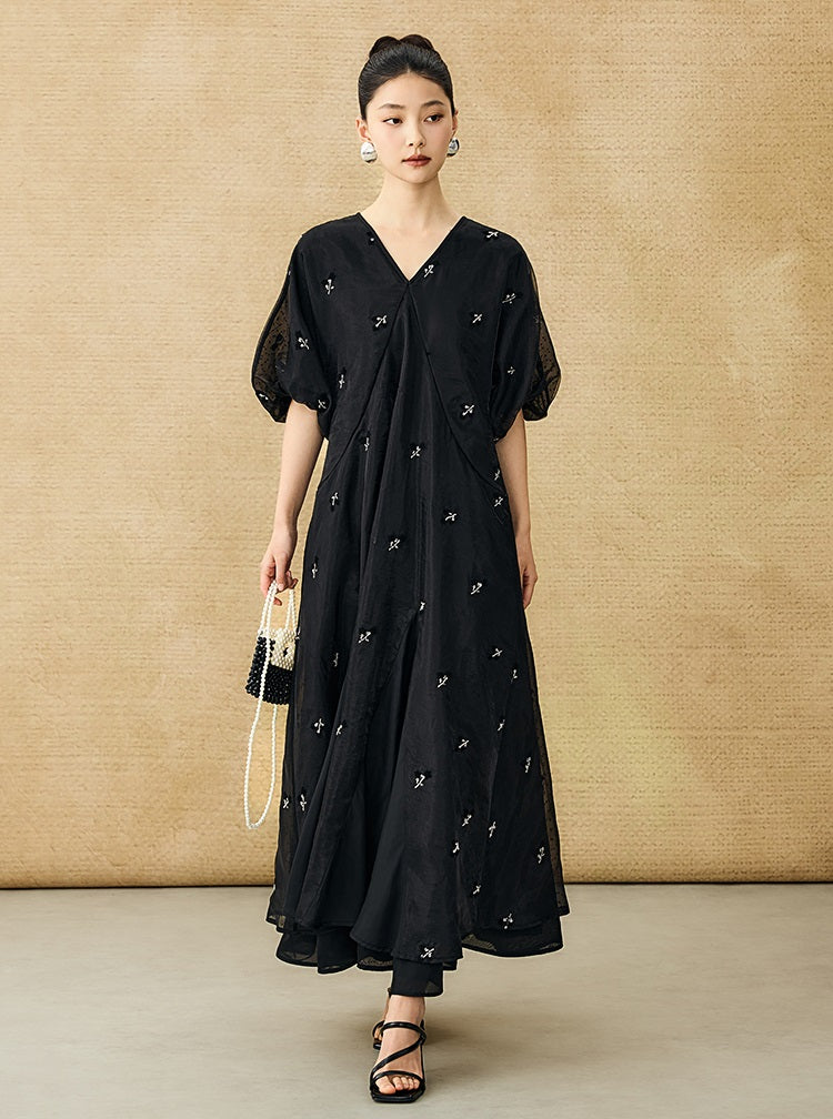 HECO  New Chinese Embroidered V-Neck Puff Sleeve Dress - CORAINE.