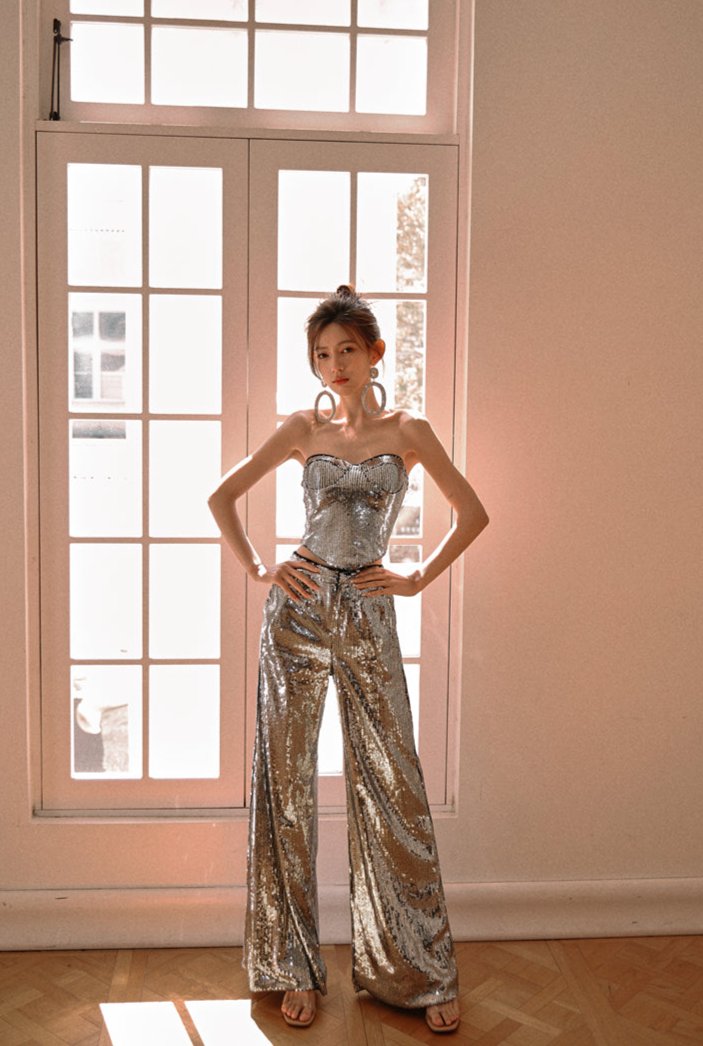 DOLLY Luxury Two Piece Sleeveless Sequin Tube Top + Long Sequin High Waist Flare Pants-THEA