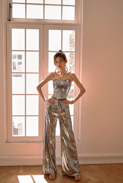 DOLLY Luxury Two Piece Sleeveless Sequin Tube Top + Long Sequin High Waist Flare Pants-THEA