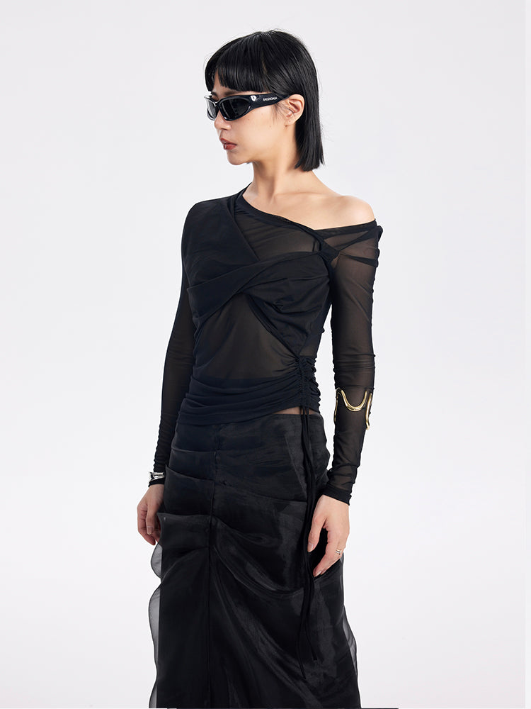 TINY IN black long sleeve slanted shoulder mesh sheer top-DORI