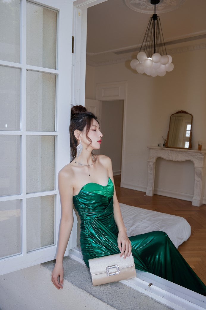 DOLLY High End Green Off Shoulder Chest Wrap Irregular Fish Tail Dress-LEAH