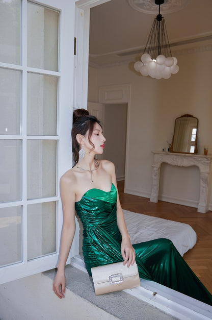 DOLLY High End Green Off Shoulder Chest Wrap Irregular Fish Tail Dress-LEAH