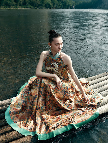 HECO Chinese Contrast Mural Big Swing Fishtail Skirt - MIGRO.