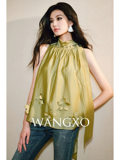 WANGXO Luxury Brand High-End Tencel Acetate Heavy Handmade Nail Flowers French Loose Ribbon Sleeveless Top - MAEVE