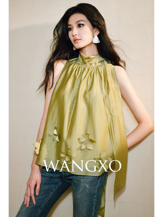 WANGXO Luxury Brand High-End Tencel Acetate Heavy Handmade Nail Flowers French Loose Ribbon Sleeveless Top - MAEVE