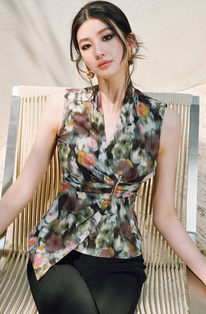 WANGXO | Innovative Weaving Texture Overlapping V-Neck Sleeveless Top -KEIA