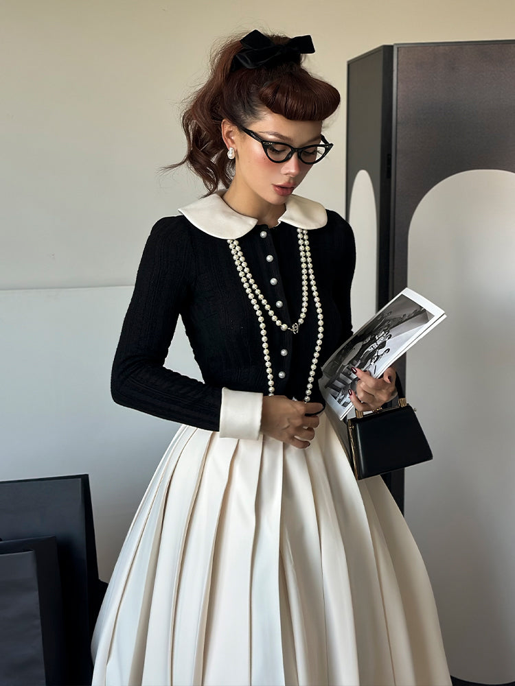 Le Palais Vintage Elegant Black and White Round Neck Cardigan High Waist Pencil Office Skirt-Ivy