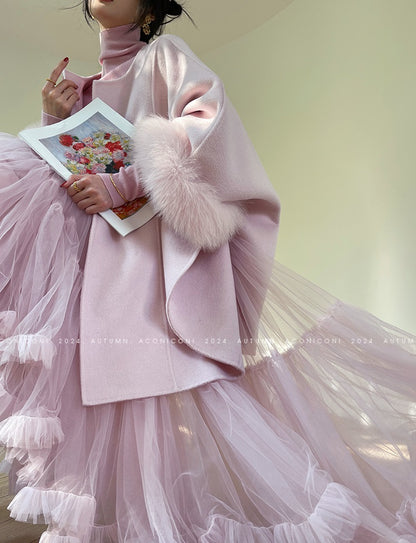 Aconiconi Winter pink wool cape fox fur sleeve double-sided coat-Sakura
